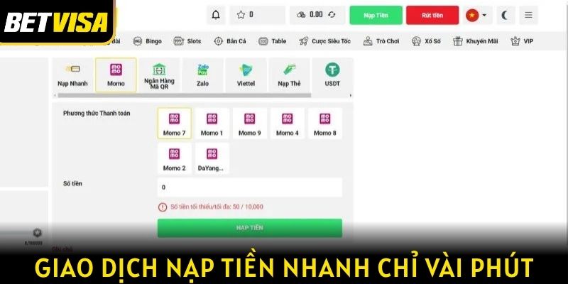 Giao dịch nạp tiền thực hiện nhanh chỉ trong vài phút